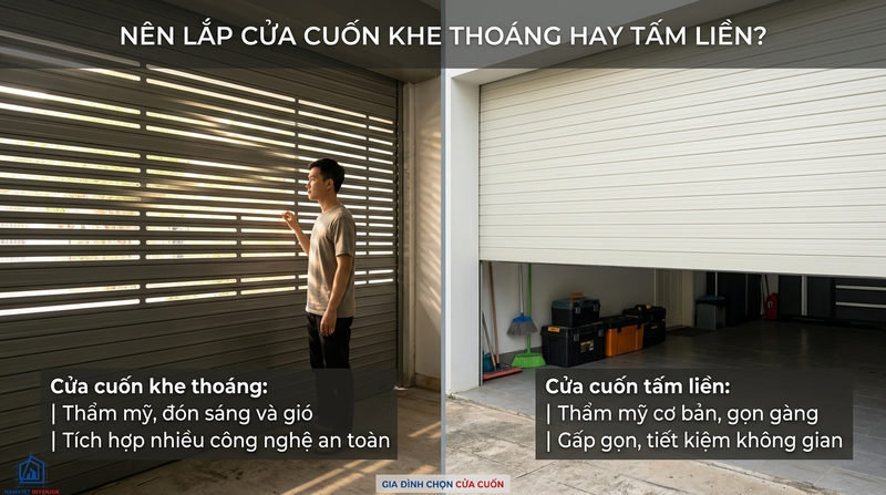 Chọn chủng loại: N&ecirc;n lắp cửa cuốn khe tho&aacute;ng hay cửa cuốn tấm liền?