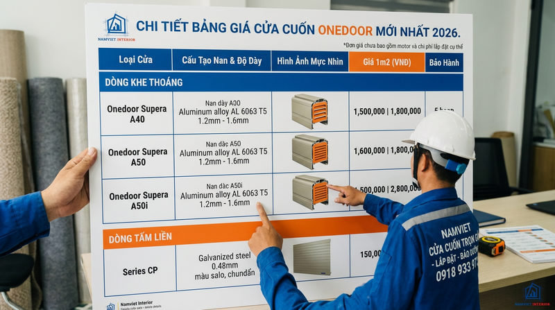Chi tiết bảng gi&aacute; cửa cuốn Onedoor mới nhất 2026